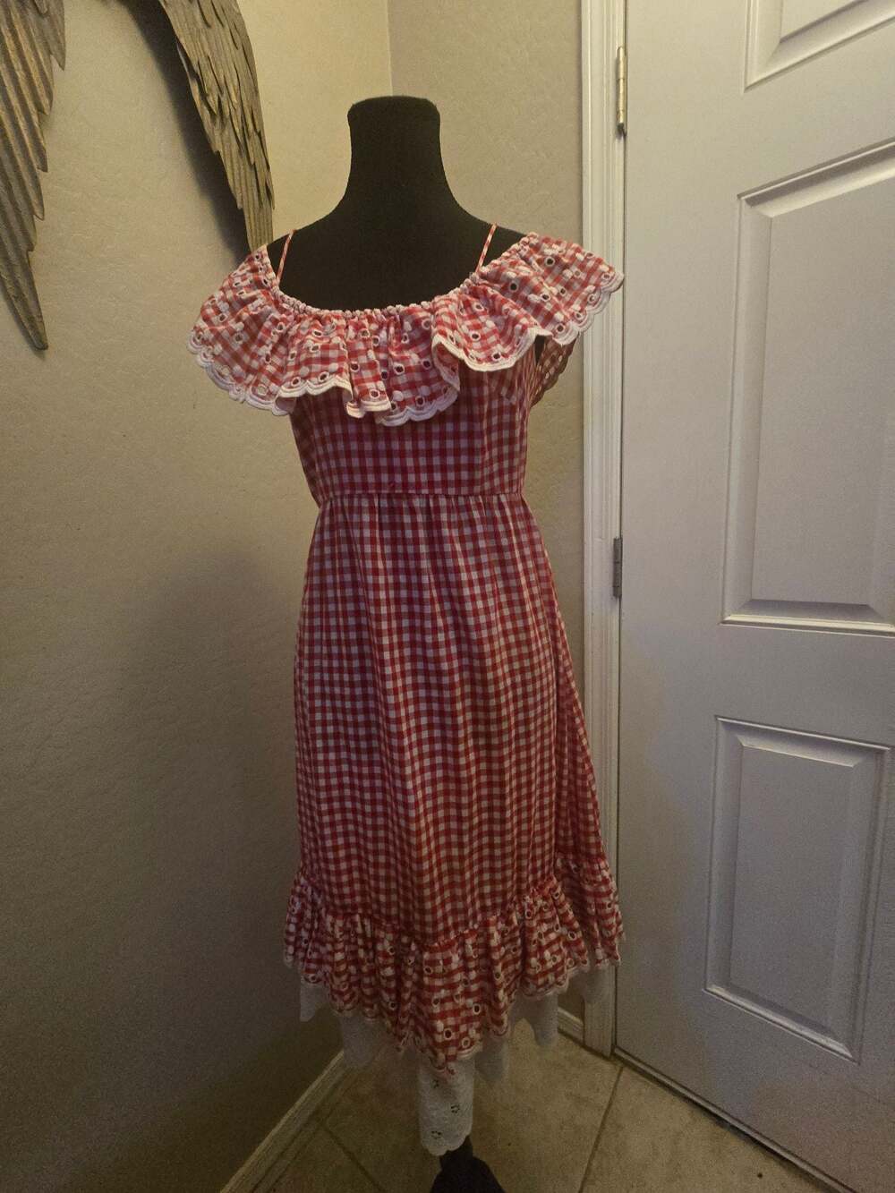 Vintage Alamor New York Red Gingham Prairie Cottagecore Eyelet Lace Midi Dress